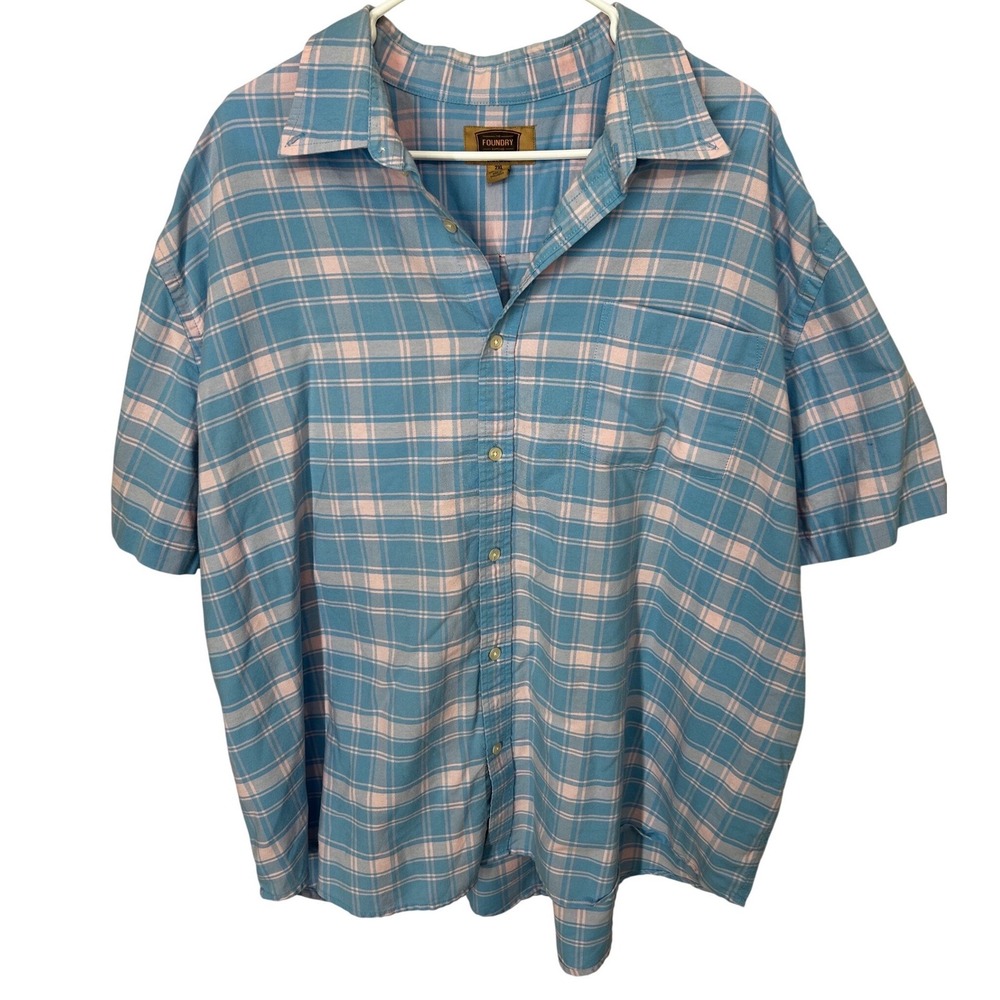 Foundry Supply Co Light Blue Pink Plaid Short-Sleeved‎ Button Up Shirt Men's 2XL